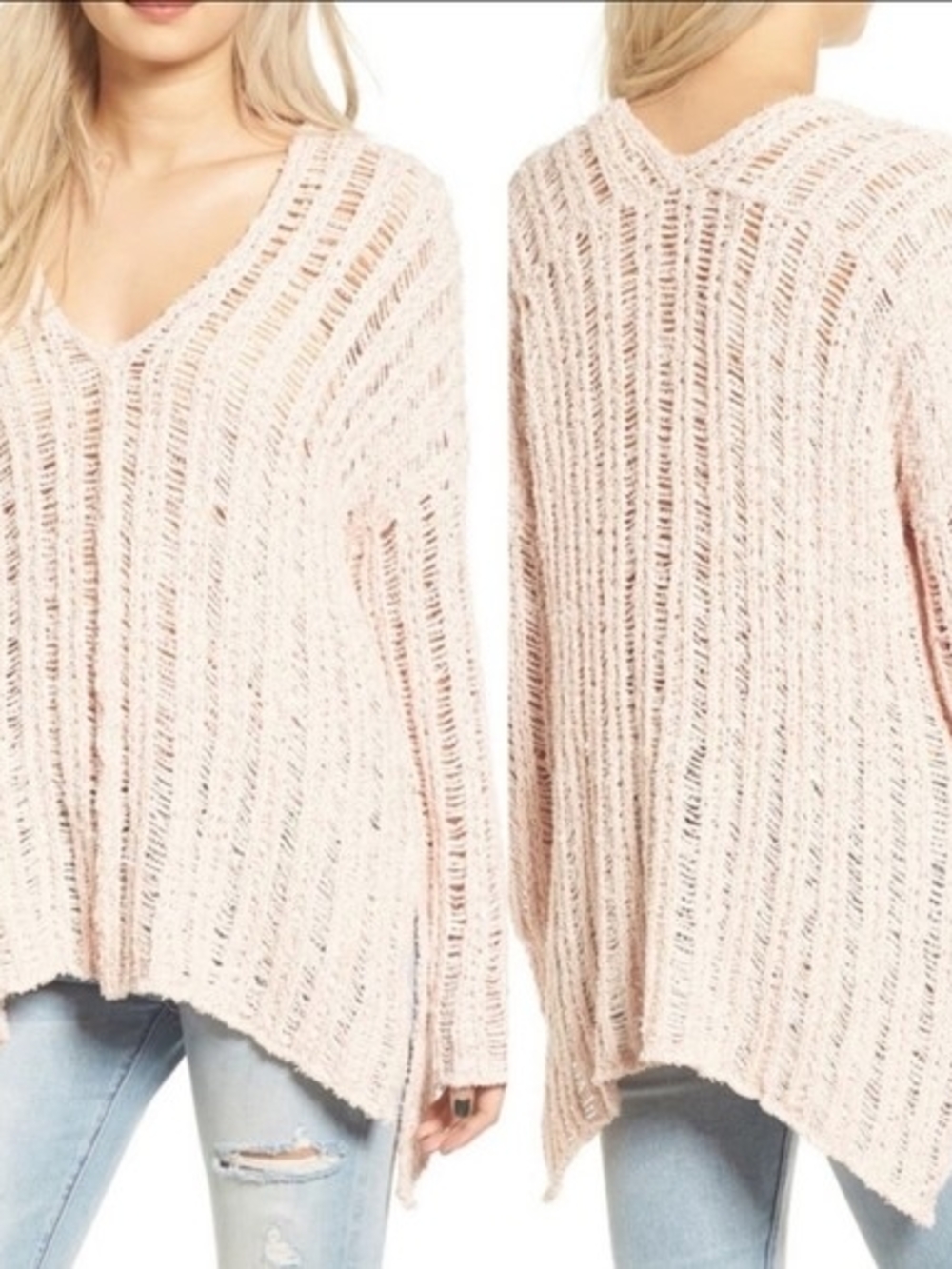Astr Open Knit V-Neck Sweater in Blush Pink